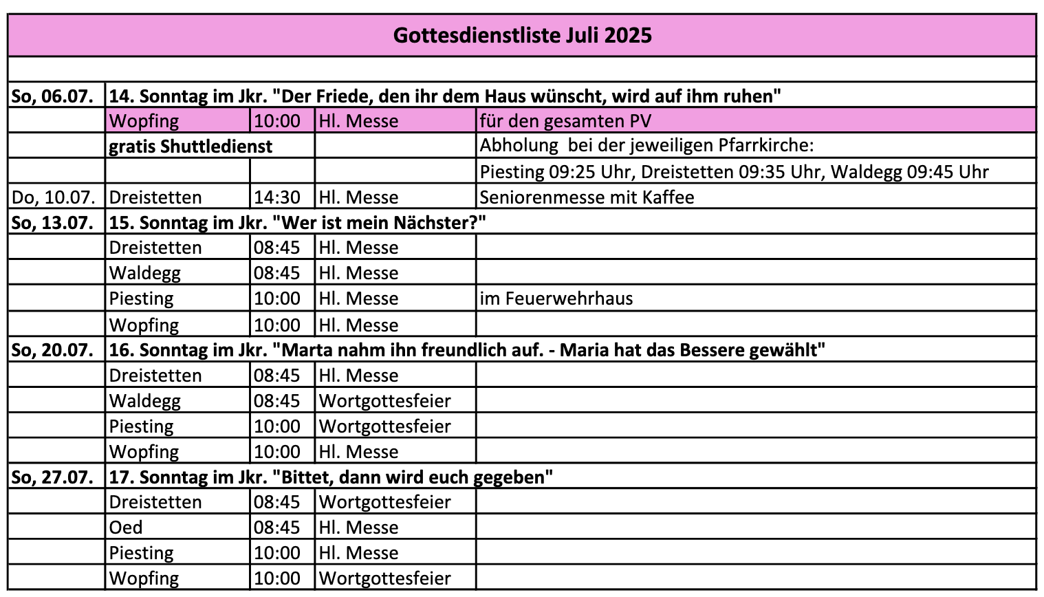 Hlg. Messen im Juli 2025