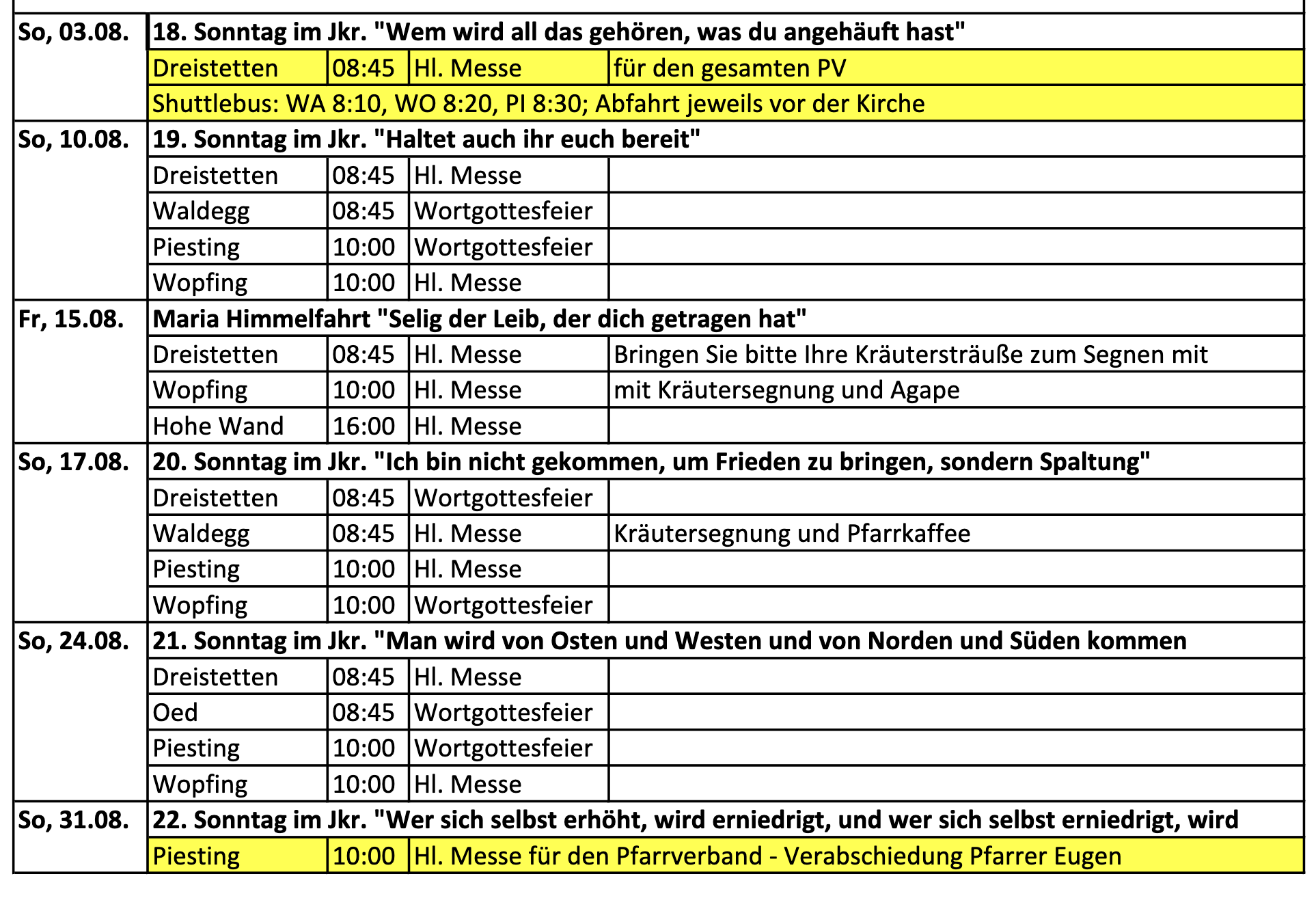 Hlg. Messen im August 2025