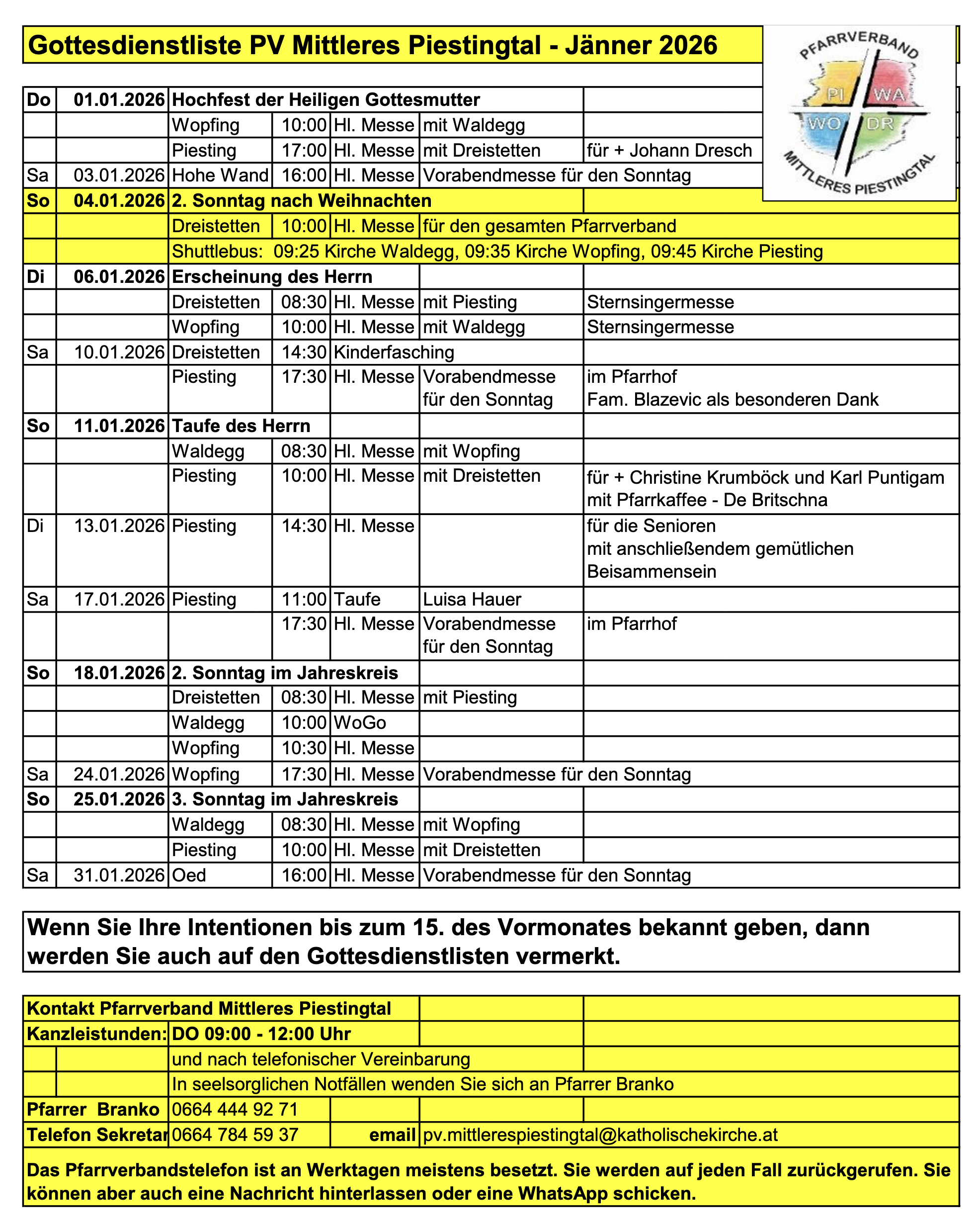 Hlg. Messen im Jänner 2026