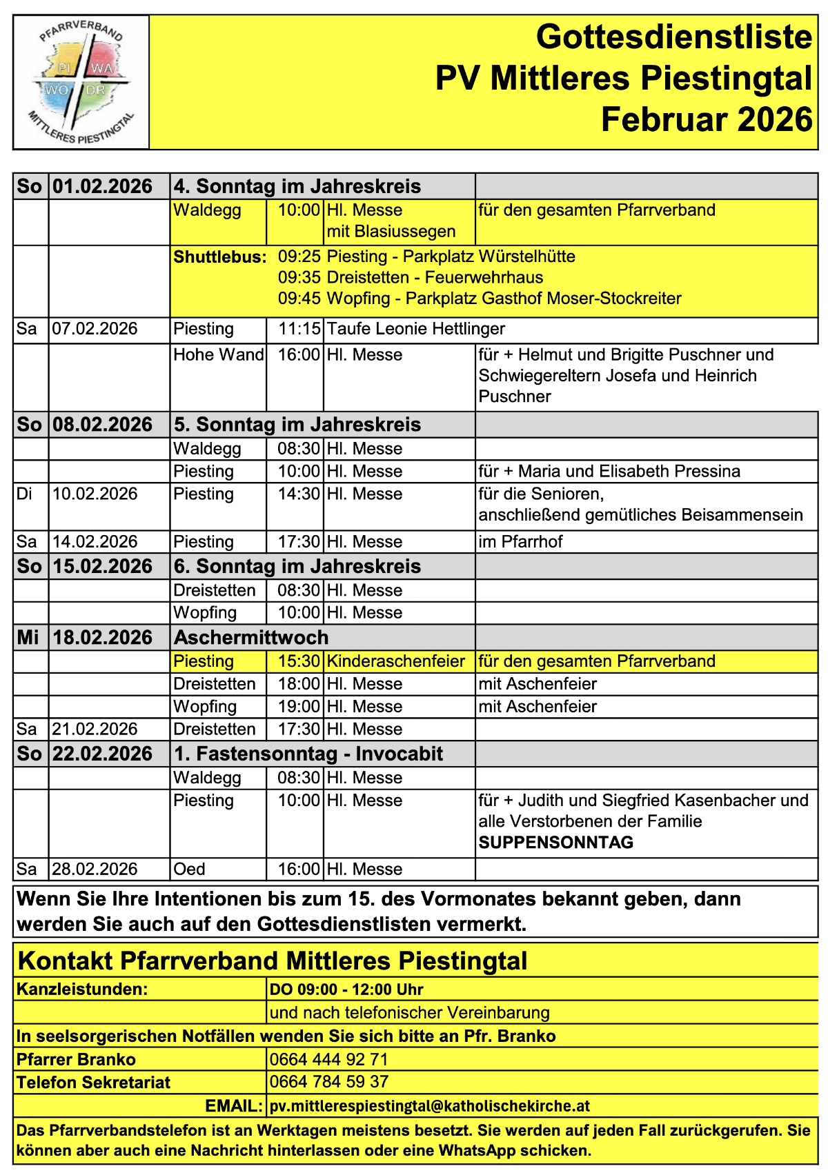 Hlg. Messen im Februar 2026