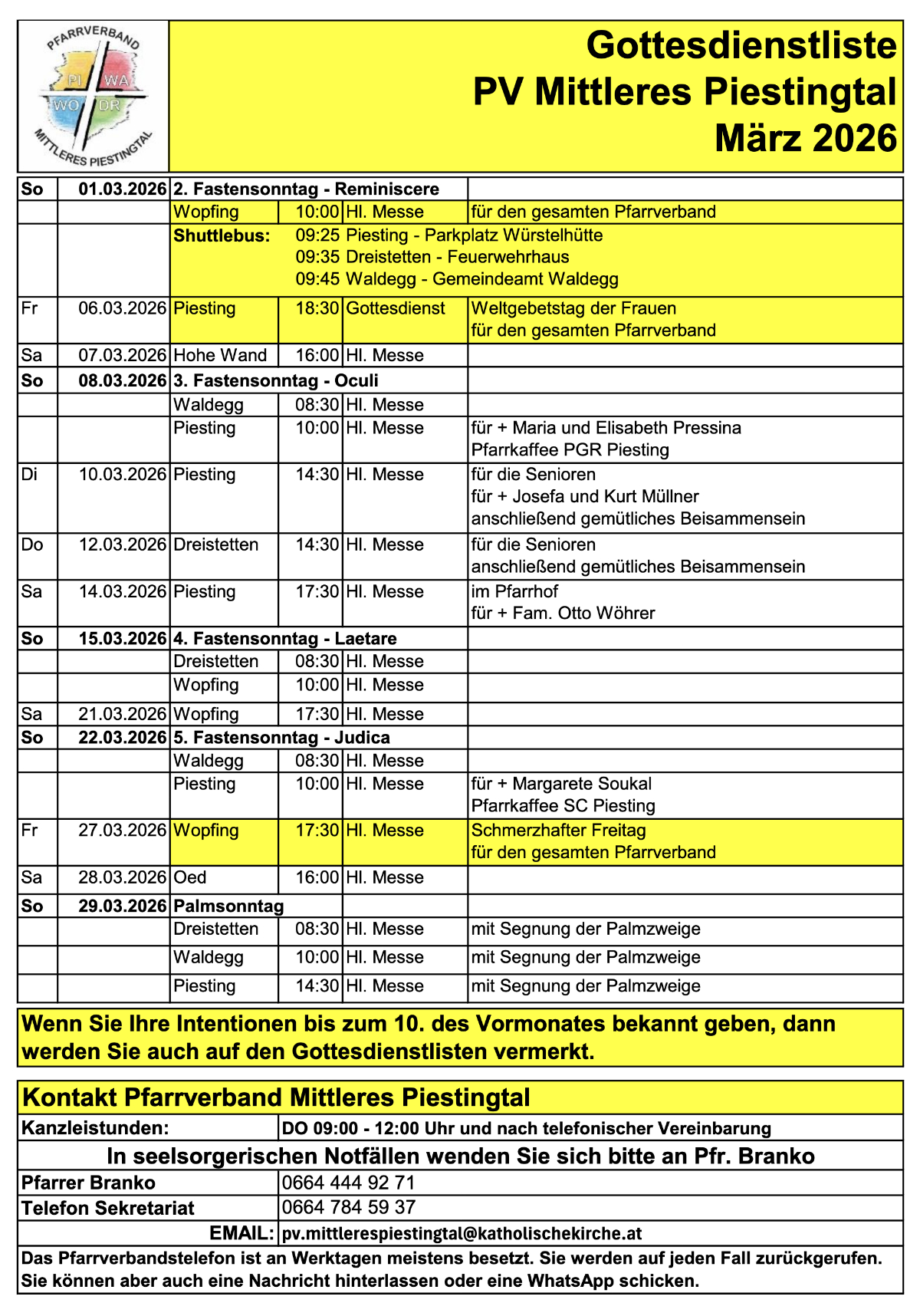 Hlg. Messen im März 2026