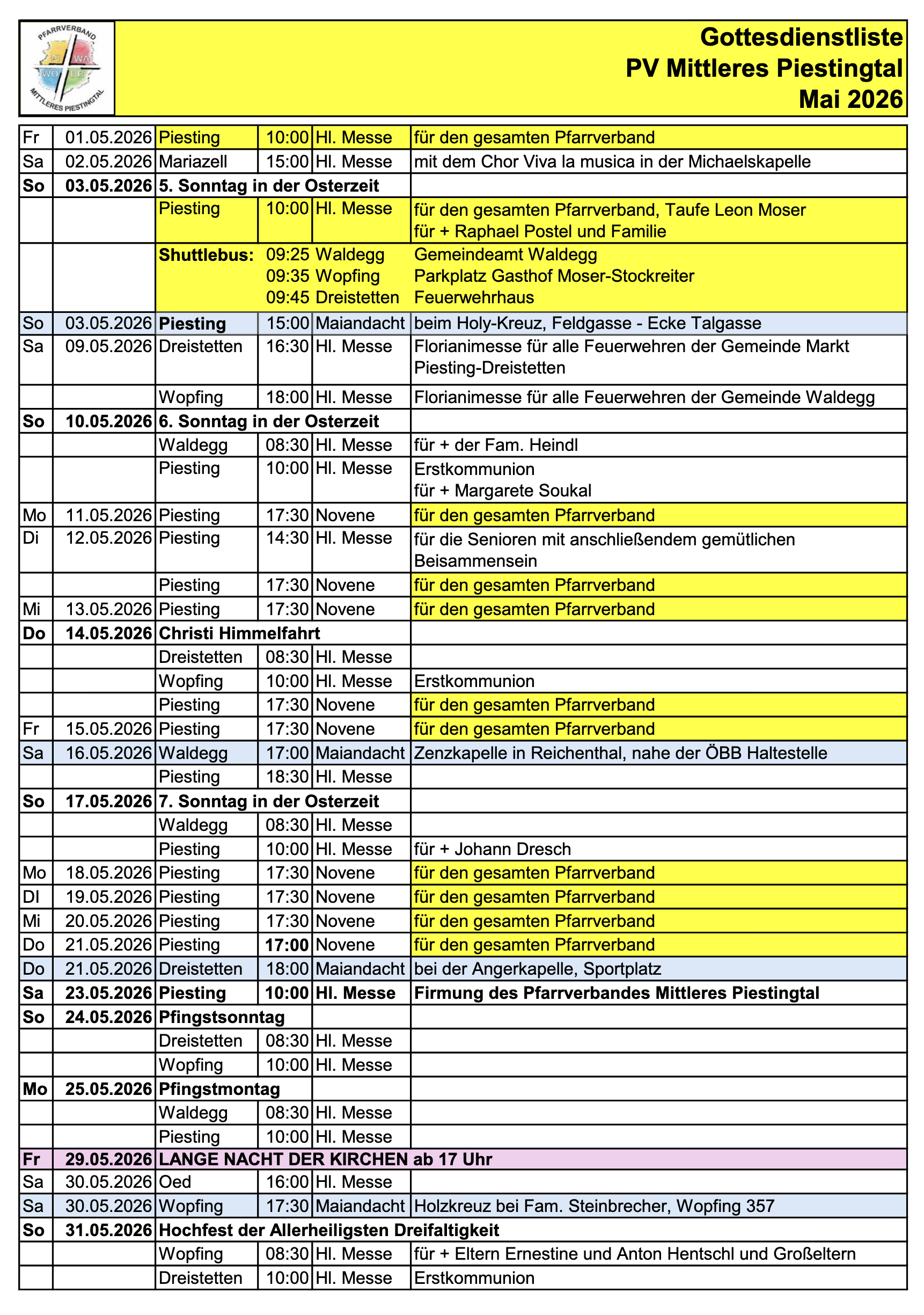 Hlg. Messen im Mai 2026