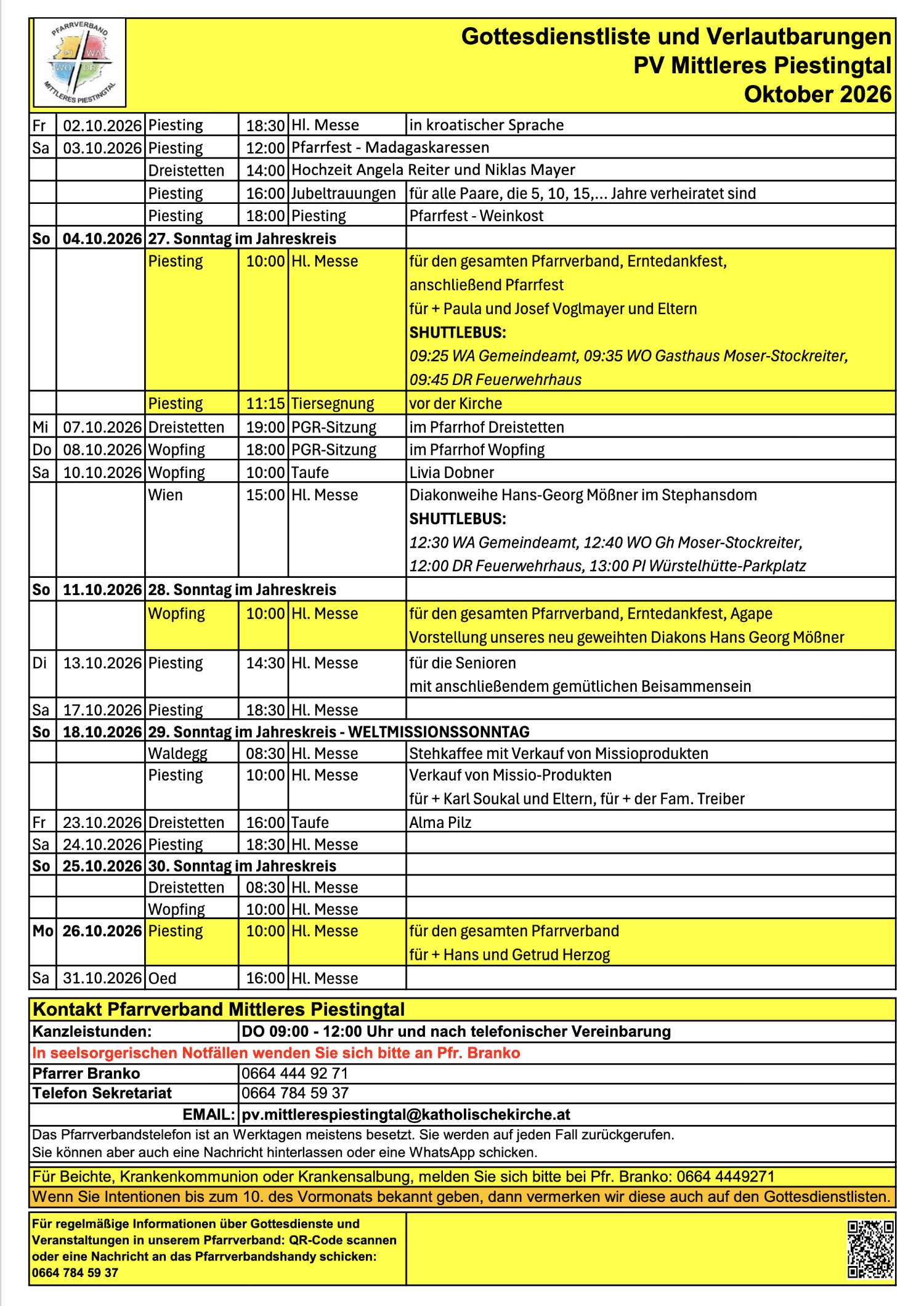 Hlg. Messen im Oktober 2026